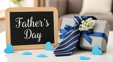 Father's Day celebration setup with a chalkboard sign, a striped tie, a gift, and blue hearts.
