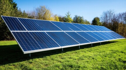 Expansive solar panel arrays diligently collecting sunlight under a clear blue sky on a green grassy field, showcasing renewable energy.