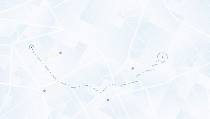 Light Blue City Map with Multiple Waypoints and Dashed Navigation Lines Between Green and Blue Markers. Vector illustration.