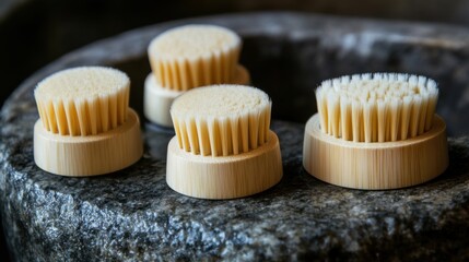 Four soft, natural bamboo facial cleansing brushes with gentle bristles rest on a textured stone surface, highlighting eco-friendly skincare.