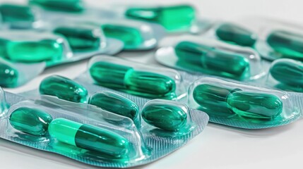 Vibrant green pharmaceutical capsules encased in clear blister packaging are meticulously arranged in neat rows on a pristine white surface.