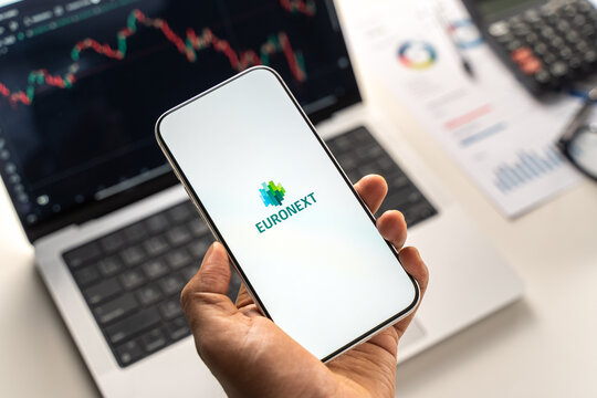 Euronext logo is displayed on the screen of a smartphone, in Bangalore, India, on February 12, 2026
