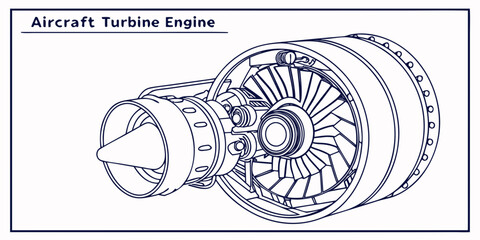 A detailed diagram of an aircraft turbine engine showcasing its internal components © Mamun