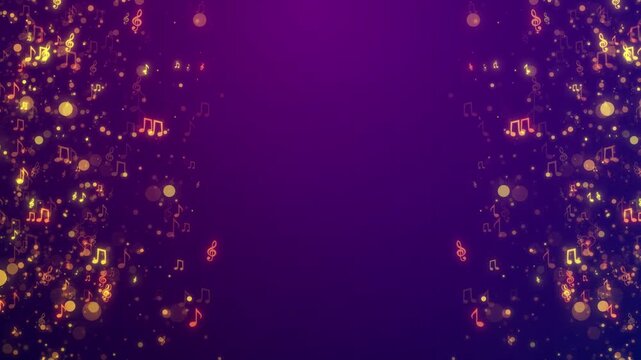 Magical Glowing Golden Musical Notes And Bokeh Particles Drifting On A Deep Purple Gradient Background, Elegant Composition With Treble Clefs And Eighth Notes For Concerts, Artistic Events, And 