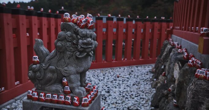 Many small daruma dolls scattered at ancient shrine and old stone statue in Japan - steady cam movement