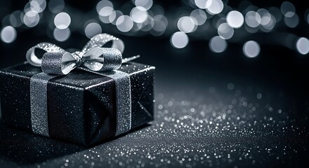 Elegant black gift box with a sparkling silver ribbon and bow, set against a dark, shimmering background.