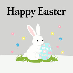 Adorable flat illustration of a white bunny hugging a decorated Easter egg surrounded by colorful flowers. Ideal for Easter greeting cards, children&rsquo;s books, social media posts, and spring holiday 