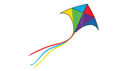 Brightly colored diamond shaped kite with red, green, blue, and yellow panels and three long flowing tails against a white background.