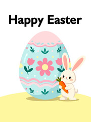 Cute Easter illustration featuring a white bunny holding a carrot next to a large decorated Easter egg with pastel colors and floral patterns. Perfect for greeting cards, holiday posters, children 