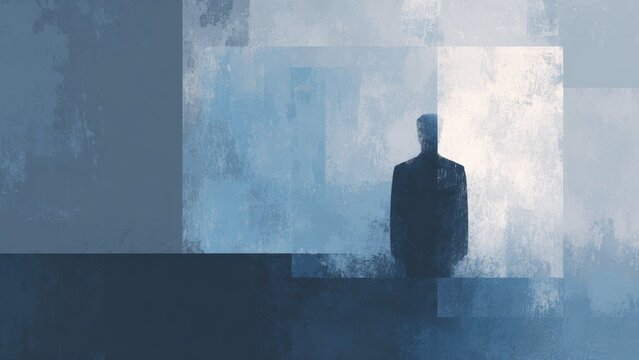 光と影のコントラストに立つ人物シルエット 不安の抽象表現