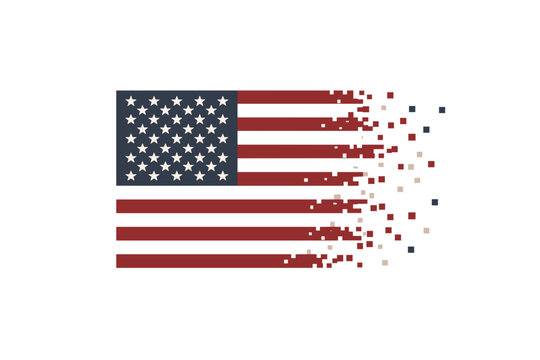 A disintegrated US flag with red and white stripes and blue starry field