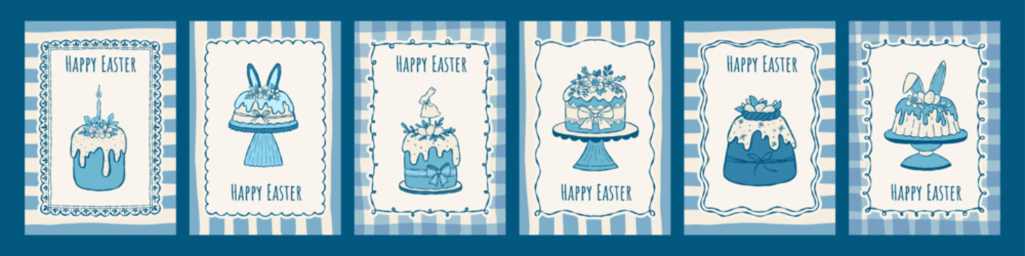 Elegant retro hand drawn Easter cake posters with vintage rectangle ink frames set. Whimsical vector outline greeting card design