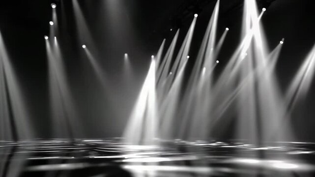 White light beams shine down on an empty dark stage, piercing the shadows in a venue ready for an upcoming performance