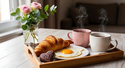 Delicious French croissant, fried egg, and a rich coffee served on a tray with a vase of pink roses, perfect for a romantic breakfast.