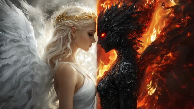An angel woman and a demon stand facing each other against a backdrop of contrasting light and dark flames. Eternal conflict between good and evil