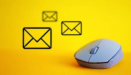 Envelope icons set with computer mouse on yellow background and three email symbols featuring communication, digital, messaging with simple design and modern elements for technology, office projects,