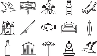 Beach vacation icons collection in drawing style, showcasing summer-related objects.