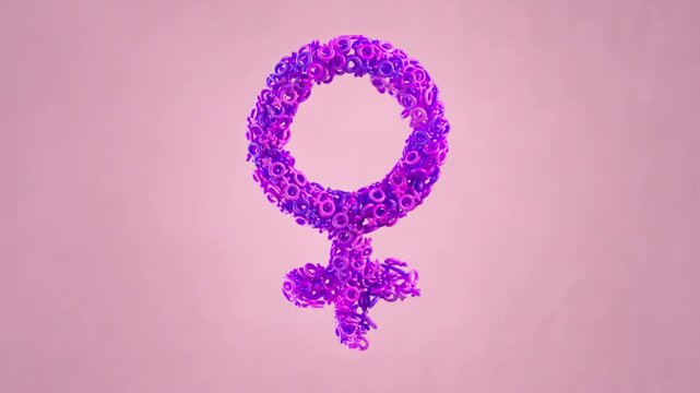 A large female symbol formed by small purple female symbols floating and moving against a soft pink background in 3D animation. Concept of feminist movement and International Women's Day