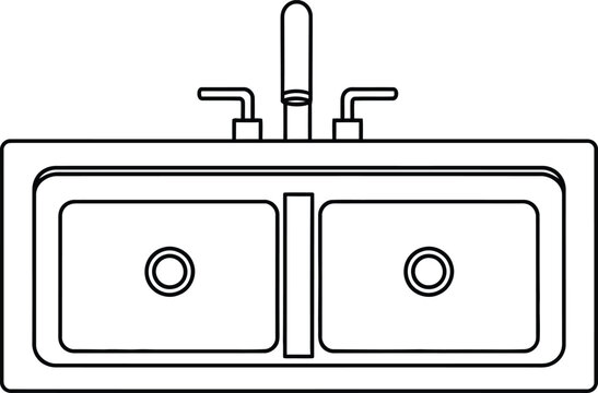 A simple line drawing of a double sink with a faucet and handles.