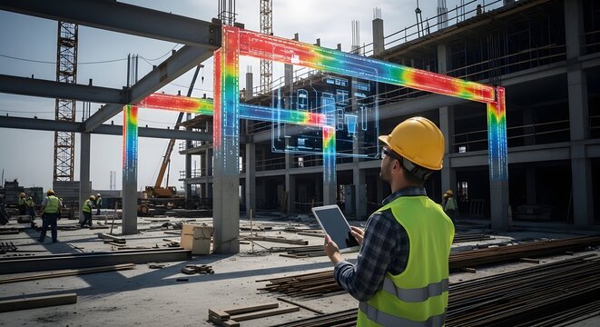 Construction worker in yellow hard hat uses tablet to analyze holographic blue and red structural data on a building site