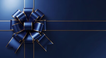 Luxurious deep blue gift bow with gold trim against a dark blue background, signifying premium presentation.