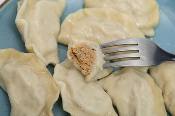 Homemade cooked dumplings stuffed with meat, dumplings with meat on a plate