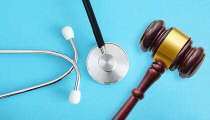 Gavel with stethoscope on blue background representing medical law, healthcare justice, malpractice litigation, insurance claims, legal regulation and compliance concept