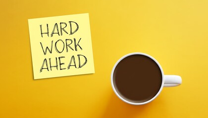 Cup of coffee with sticky note message hard work ahead on bright yellow background, top view minimalist workspace concept for motivation, productivity, and planning