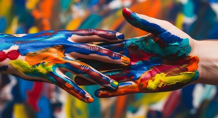 Abstract close-up of hands covered in vibrant, colorful paint, symbolizing creativity, art, and expression.