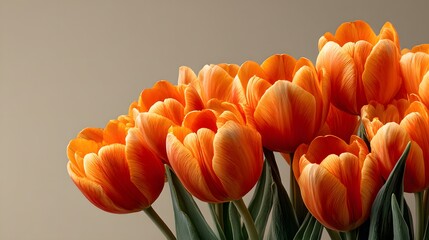 Obraz premium Row of vibrant orange tulips with green stems arranged on a smooth beige background in a minimalist flat lay with soft shadows and lines.