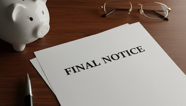 Final notice document on wooden desk with piggy bank, pen and eyeglasses, debt collection and overdue payment concept, financial crisis and legal warning letter