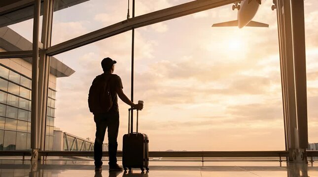 Silhouette of Traveler with Backpack and Luggage Watching Airplane Taking Off Through Airport Window at Sunset with Orange Sky Background