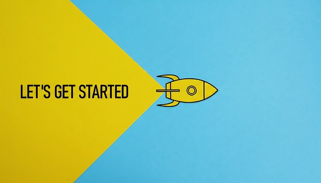 Rocket icon launching on blue and yellow minimal background with LET'S GET STARTED text, startup motivation concept, modern flat design banner with copy space