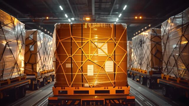Stacks of securely wrapped cargo pallets line platforms within brightly illuminated warehouse, signifying diligent evening logistics operation focused on timely transportation and shipment of goods