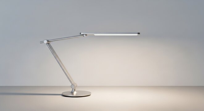 A sleek, modern desk lamp with a sleek, silver finish, casting a warm, ambient light on a white surface.