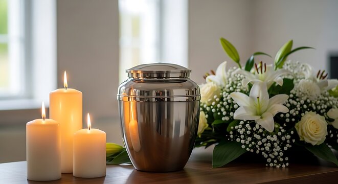 A silver urn with lit candles and white flowers on a wooden table indoors