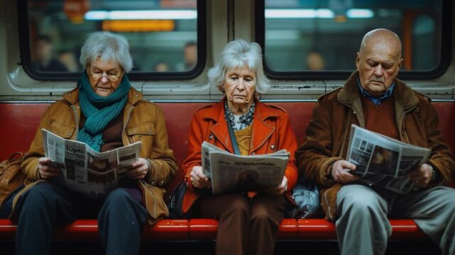 Three elderly commuters sit together on a subway bench, engrossed in their newspapers during a typical morning commute in a bustling urban environment