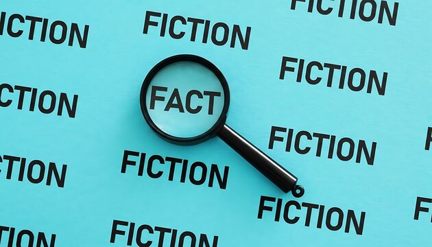 Magnifying glass highlighting word FACT among repeated FICTION text on blue background, concept of truth verification, fact checking, misinformation and fake news search
