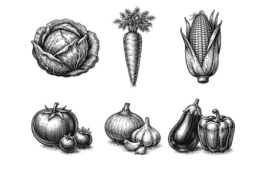 Vintage garden vegetables engraving set, retro agricultural crop sketches in woodcut style isolated on white
