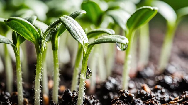 Row of small green seedlings sprouting from dark soil in