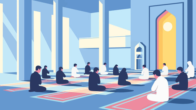 Muslims praying in congregation inside a modern, minimalist mosque illustration, with light streaming through pillars.