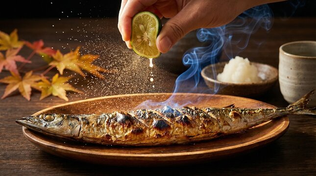 Squeezing citrus onto grilled pacific saury(焼き上がった秋刀魚にスダチを搾る)