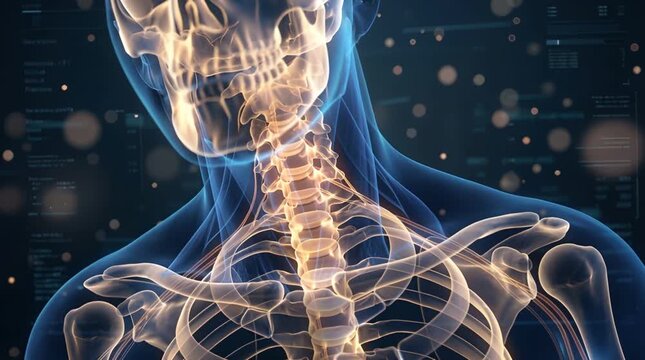 Translucent Human Torso Skeleton with Nerves and Veins in Blue and Gold on Dark Background Medical Visualization