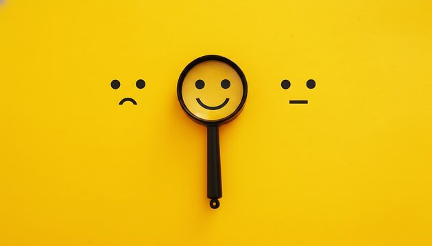 Magnifying glass over happy face with frowning and neutral faces nearby on yellow background with black symbols featuring emotions, mood, expression with sentiment and analysis elements for feedback,