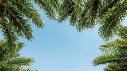 Fototapeta premium Lush Green Palm Leaves Framing a Clear Blue Sky in Tropical Paradise Landscape for Background or Nature Theme Design