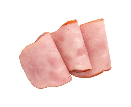 cooked and smoked ham isolated on white background, top view, slices of cold smoked meat for any design