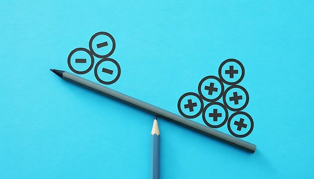 Pencil balancing on fulcrum like a seesaw with plus and minus icons showing pros and cons, decision making and risk reward analysis, minimal blue background 3D render