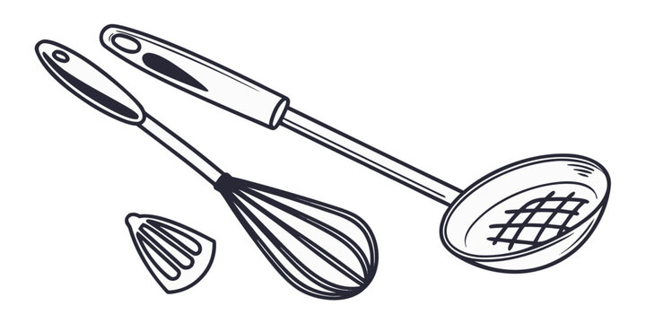 A variety of kitchen utensils including a whisk, slotted spoon, and grater