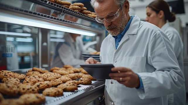 A bespectacled baker meticulously examines trays of freshly baked chocolate chip cookies using a tablet in a vibrant bakery kitchen filled with the enticing aromas of baking