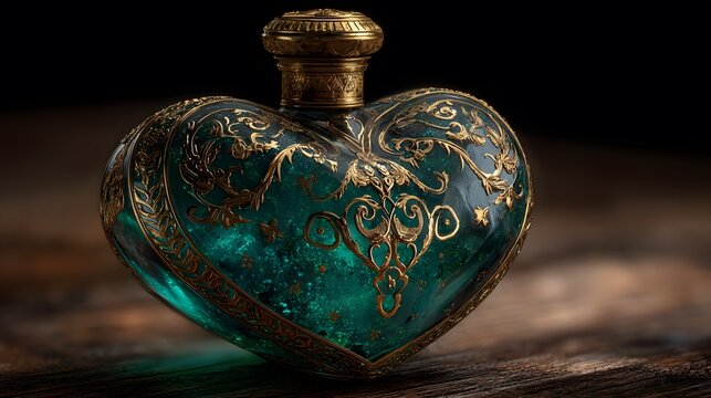 Ornate heart-shaped emerald green glass bottle with intricate gold filigree detailing placed on a dark surface with dramatic rim lighting.